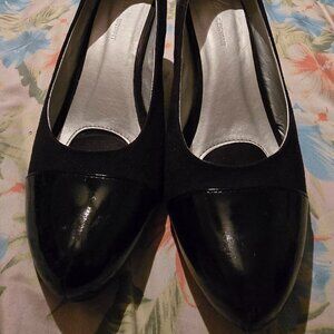 Suede and Faux Leather Toe Heels, Size 9W